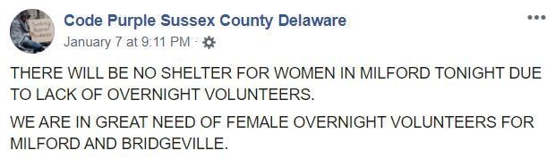 Code Purple Sussex County in Need of Volunteers